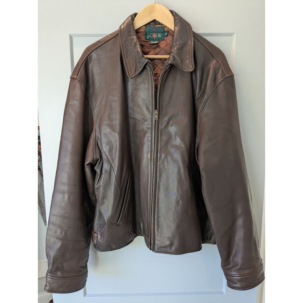Vintage J. Crew Oarsman Men XL Brown Leather Bomber Jacket Quilted Lined ‎ READ